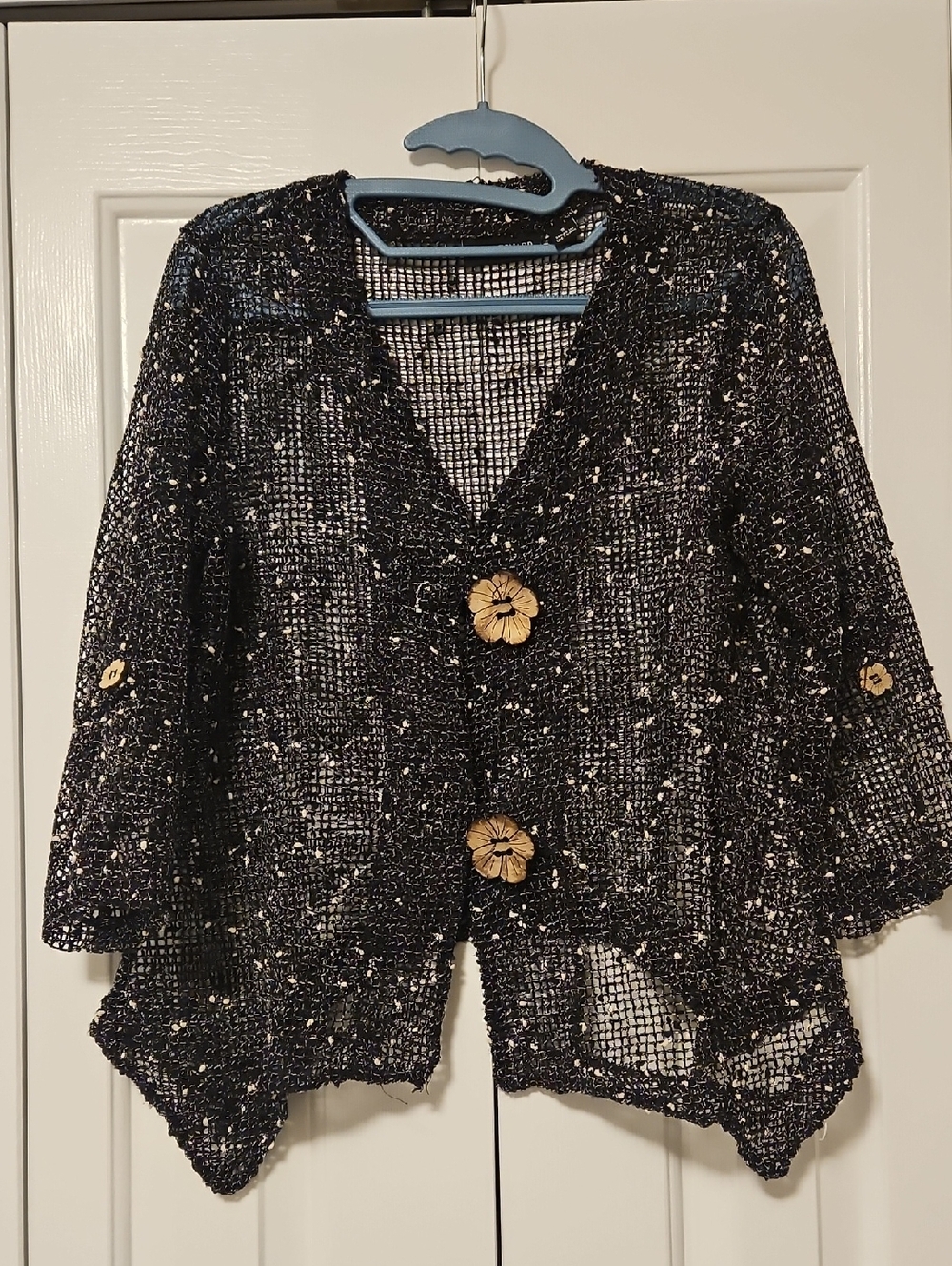 Nina Leonard Black Open-Knit Cardigan with Gold Floral Buttons